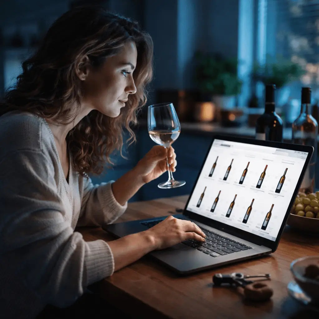 woman browsing online wine selection on laptop