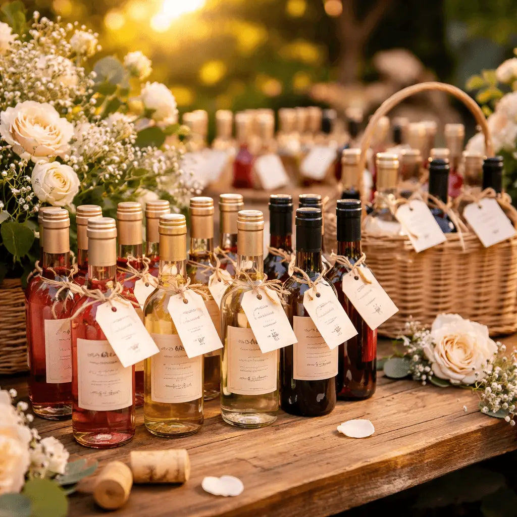 elegant display of mini wine bottles for wedding favors