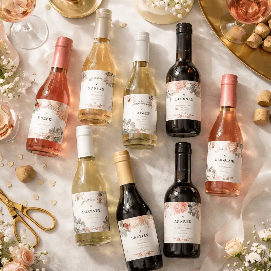 assortment of mini wine bottles for weddings with custom labels