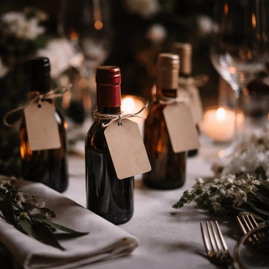 mini wine bottles arranged on a wedding table setting